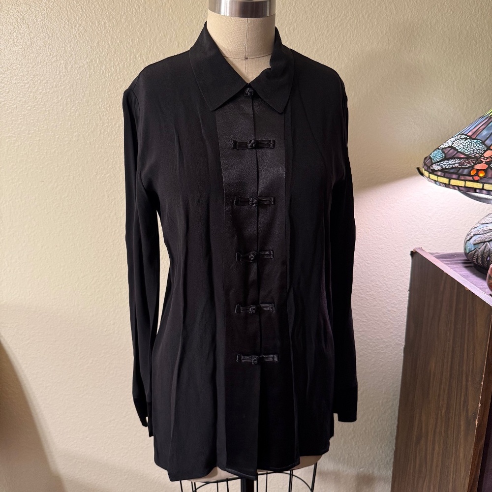 Vintage Carole Little Black Blouse with Round Mandarin Button Closure Size 6